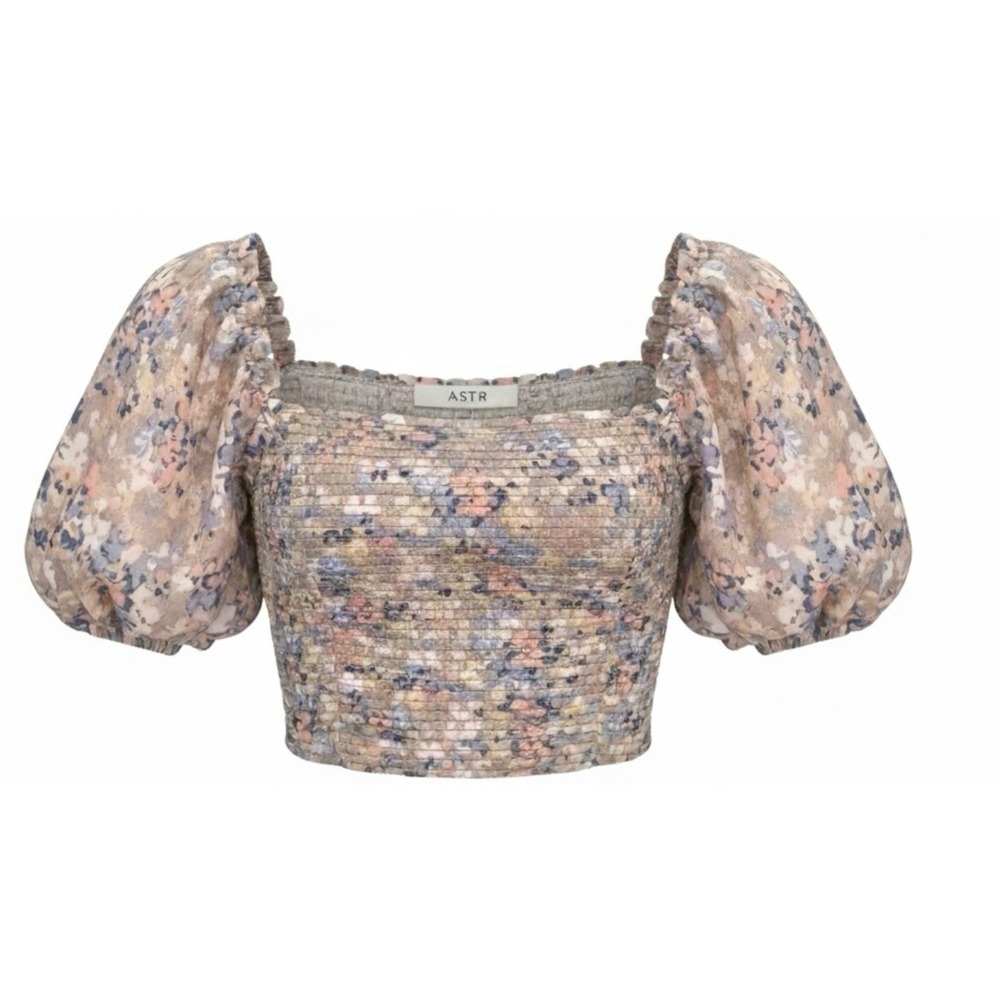ASTR The Label Lin Puff Sleeve Floral Crop Top Women's L Smocked Peasant Pastel